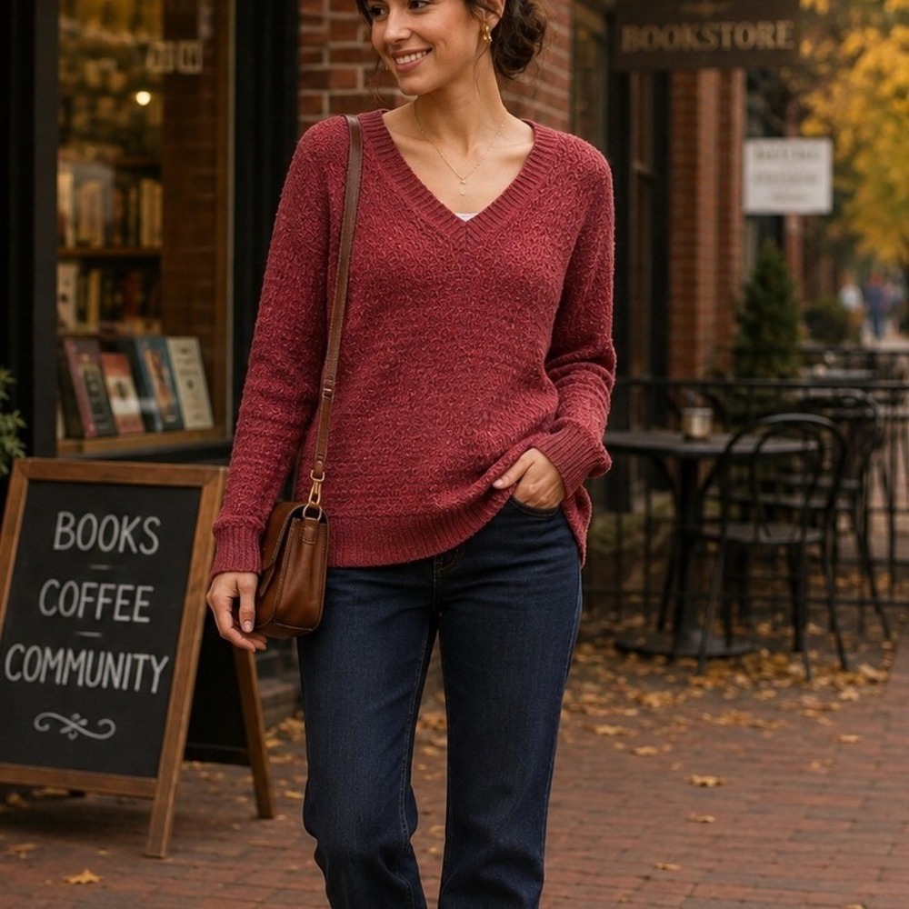 American Eagle Outfitters Burgundy Open Knit V-Neck Wool Blend Sweater Small